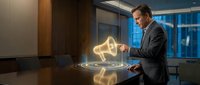 Professional businessman in suit interacting with glowing holographic megaphone projection in modern office conference room for digital marketing concepts.
