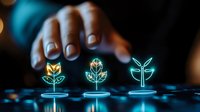 Glowing neon plant seedling icons with African American hand reaching above, showing growth stages on dark background with bokeh lights and reflective surface.