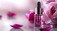 Pink rose essential oil dropper bottle with fresh petals on reflective surface. Luxury skincare and aromatherapy concept against soft blurred floral background.