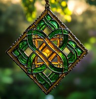 Celtic knot stained glass suncatcher in emerald green and amber colors featuring traditional interwoven pattern against natural bokeh background.