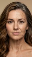 Middle-aged woman showing aging process with half face displaying wrinkles and age spots for skincare and anti-aging treatment concepts.