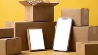 Cardboard boxes with smartphone and tablet mockup on yellow background for shipping, delivery, and e-commerce business concepts.