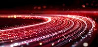 Glowing red light trails curve through dark space with sparkling particles creating dynamic motion effect for technology and communication designs.
