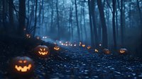 Glowing jack-o-lanterns illuminate a misty forest path at dusk, creating an eerie Halloween atmosphere along the dark woodland trail.