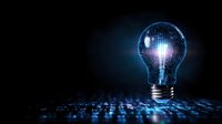 Glowing digital lightbulb with binary code pattern on dark background represents innovation and artificial intelligence technology concept.