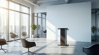 Modern minimalist office interior with floor-to-ceiling windows, sleek black pedestal, potted plant, and contemporary furniture bathed in natural sunlight for corporate workspace design.