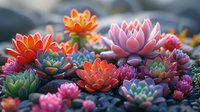 Colorful succulent plants with vibrant orange, pink, and purple rosettes growing among dark stones, creating a striking natural garden display.