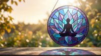 Colorful stained glass mandala with meditation silhouette hanging outdoors at sunset. Spiritual wellness decoration for mindfulness practice and zen lifestyle.