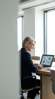 Professional mature businesswoman working on laptop at modern office desk near window with business applications on screen.