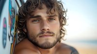 Young athletic Caucasian male with curly brown hair and beard smiling at beach, holding surfboard. Natural sunlight creates warm glow on tanned skin. Lifestyle and sports concept.