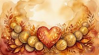 Watercolor heart surrounded by golden coins and autumn leaves on warm beige background, symbolizing love, wealth, and abundance.