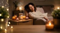 Woman with curly dark hair, medium skin tone, relaxing on bed surrounded by lit candles, string lights, and potted plants in cozy bedroom setting for wellness and relaxation content.