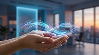 Hands holding glowing digital data waves with holographic technology effects in modern office environment at sunset.