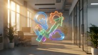 Colorful neon ampersand symbol glowing in modern office space with sunlight streaming through windows, representing connection and collaboration in contemporary workplace design.