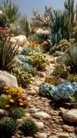 Diverse succulent garden with stone pathway featuring agave, cacti, and colorful drought-resistant plants in arid landscape setting.