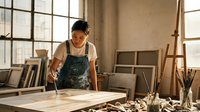 Young Asian woman artist working with paintbrush on canvas in bright studio workspace with easels and art supplies. Creative professional painter in apron.