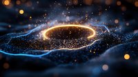 Glowing golden ring of light particles floating above dark blue digital landscape with bokeh effects and luminous sparkles for technology and innovation concepts.