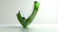 Green transparent checkmark symbol on white background, glossy finish with soft shadow effect. Isolated design element for approval and success concepts.