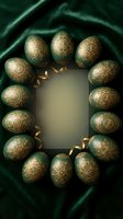 Elegant Easter eggs with golden mandala ornaments arranged in a frame on green velvet, with copy space for text or greeting.