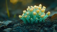 Glowing fantasy mushrooms with luminescent yellow caps and turquoise stems growing in dark forest floor, magical nature concept for fairy tale illustrations.