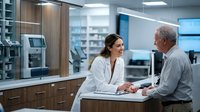 Female pharmacist in white coat consulting with senior male patient at modern pharmacy counter discussing medication and healthcare needs.