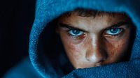 Intense close-up of person with piercing blue eyes wearing blue hoodie against dark background, creating dramatic shadowy portrait.