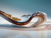 Dynamic liquid wave formation combining metallic copper, gold, and silver colors flowing in smooth curves against soft blue background, creating abstract art motion.