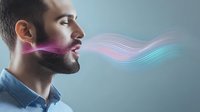 Young bearded man in profile with colorful wave lines emerging from mouth representing voice, speech, sound or breath visualization against blue background.