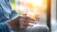 Elderly person's hands holding glass of orange juice or medication in morning light, showcasing senior care and healthy lifestyle choices at home.