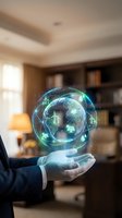 Businessman hand holding holographic Earth globe with digital network connections and data visualization in modern office environment for sustainability concepts.