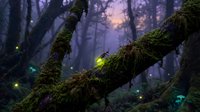 Enchanted forest with glowing fireflies dancing around moss-covered tree branches in mystical twilight atmosphere for fantasy storytelling and nature themes.