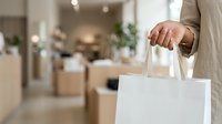 Close-up of hand holding white paper shopping bag in modern retail store with blurred background. Suitable for e-commerce, retail marketing, and shopping concepts.