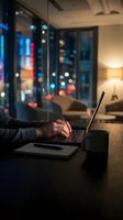 Professional working late on laptop in modern office with city lights bokeh background creating atmospheric evening workspace ambiance.