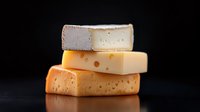 Stack of different cheese varieties on dark background with soft lighting and reflection, showcasing texture and holes in gourmet dairy products.