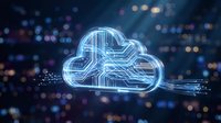Cloud computing network technology with glowing neon circuit lines and digital data flow. Isolated on dark bokeh background for tech, software, and data storage concepts.