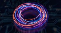 Glowing neon circular light trails in purple, pink and blue colors creating dynamic energy rings over dark technological circuit board background.