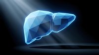 Low poly liver organ with glowing blue light rays on dark background for medical education and healthcare presentations.