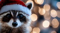 Adorable raccoon wearing red Santa hat against blurred Christmas lights background, creating magical holiday atmosphere with bokeh effect and warm glow.
