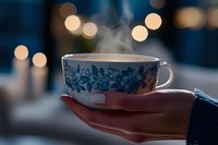 Steaming floral teacup held in feminine hands against blurred bokeh lights background, creating cozy atmospheric mood with rising vapor and blue pattern details.