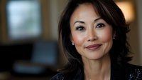 Professional Asian businesswoman with confident smile in modern office environment for corporate communications and leadership content.
