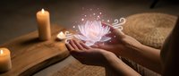 Hands holding glowing lotus flower with magical sparkles in serene candlelit meditation space for wellness and spiritual healing practices.