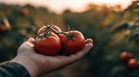 Fresh ripe red tomatoes on vine held in farmer's palm against blurred garden background during golden hour sunset, showcasing organic produce harvest.