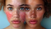 Close up portrait of two young women with skin condition showing before and after treatment results on blue background. Medical dermatology concept.