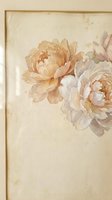 Vintage watercolor peonies on aged paper texture with wooden frame. Soft pastel blooms in peach and cream tones for romantic decor and botanical art projects.