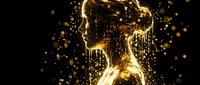 Golden liquid splash with sparkling particles on black background creating dynamic motion effect for luxury beverage advertising and premium product design.