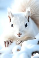 Close-up portrait of white squirrel with blue eyes in winter snow, showing detailed fur texture and curious expression against soft blurred background.