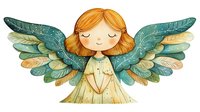 Cute young girl with closed eyes wearing flowing yellow dress and large teal feathered wings, isolated on white background. Suitable for children's designs, nursery decor, greeting cards, and apparel.