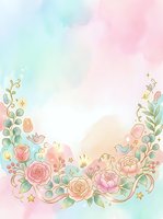 Watercolor floral border with roses, peonies, and botanical elements on soft pastel background with gold accents and stars, suitable for invitations and greeting cards.