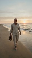 Mature man with gray hair and light complexion walking barefoot along sandy beach at sunset, wearing casual linen shirt and pants, carrying shoes in hand, golden hour coastal scene.