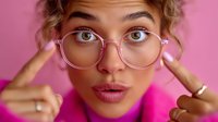 Young woman with round glasses making playful expression against pink background, wearing matching pink outfit and lipstick. Close up portrait showing personality.